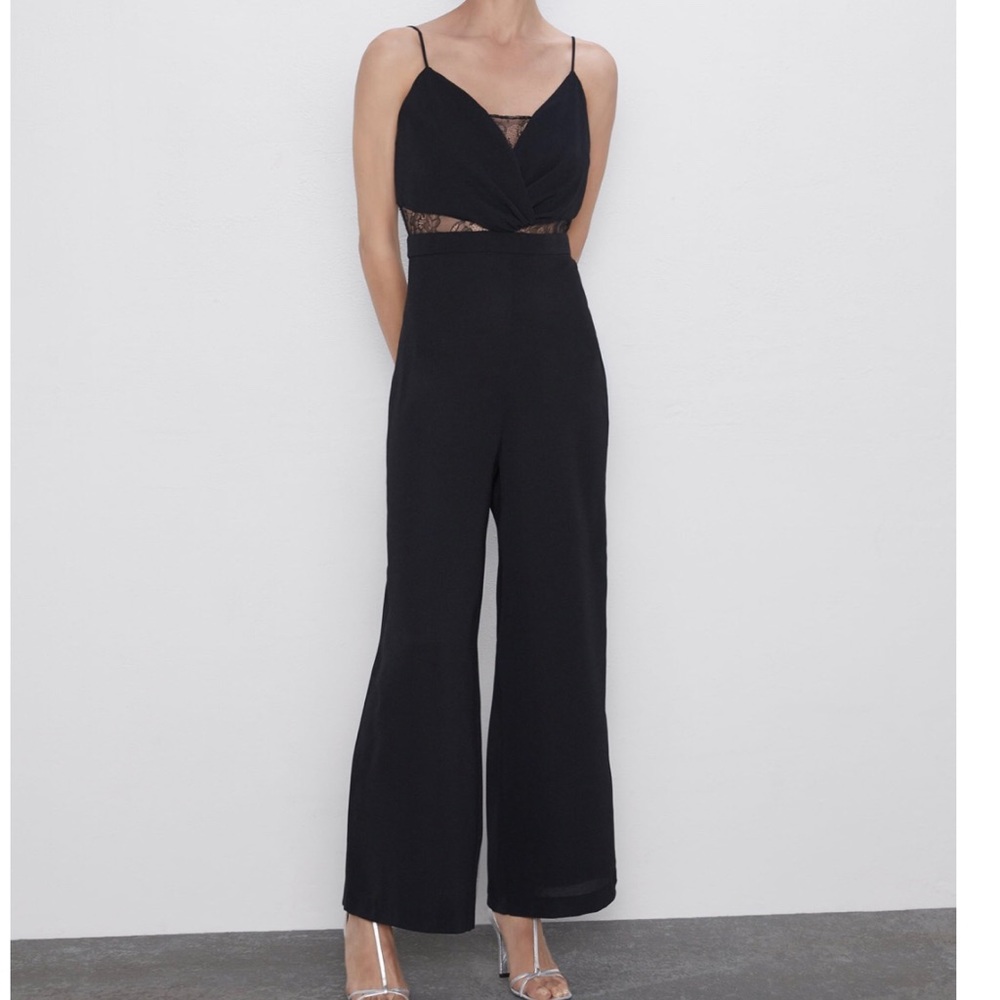 Zara NWT size S black jumpsuit with lace contrast